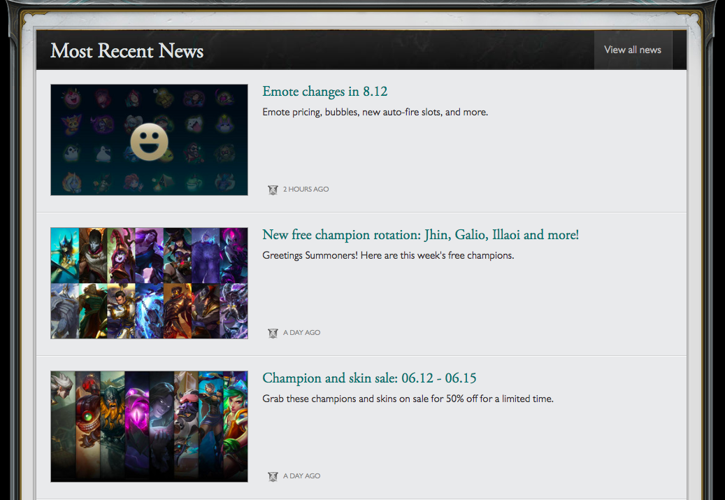 screenshot of leagues of legend with news section