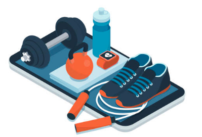 A graphic showing a pair of shoes, free weights, water bottle, and smart watch are placed over a smart phone