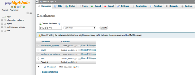 Creating database student