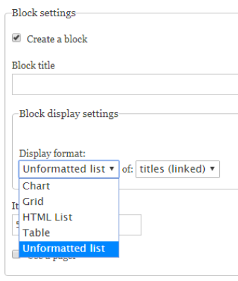 selecting the create a block option and unformatted list in the display format