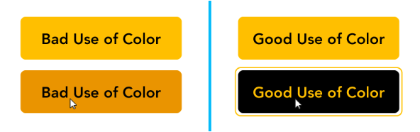 Two bad examples of contrast on left with black on yellow vs two good contrast example with yellow on black on right