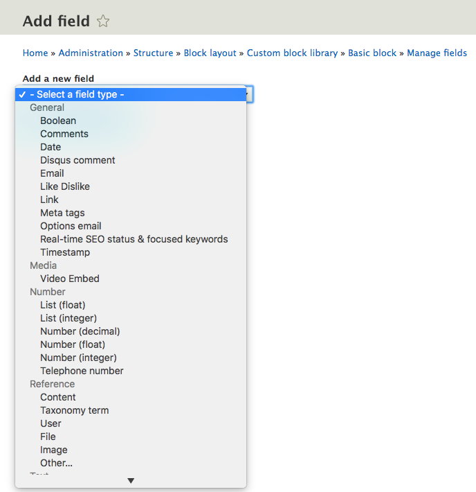 Select the required field type from the drop-down list