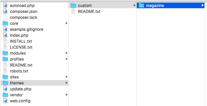 selecting the themes folder, then custom folder, then magazine folder