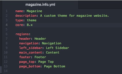 info.yml file with name, description, type, core, region, header, navigation, left-sdebar, main-content, footer, page-top, page-bottom