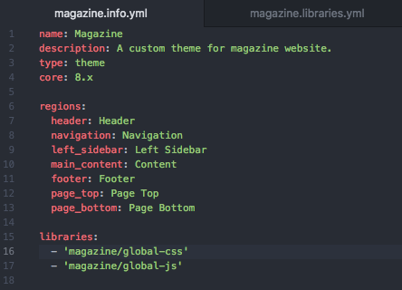 info.yml file with name, description, type, core, regions, header, navigation, left-sdebar, main-content, footer, page-top, page-bottom, and libraries