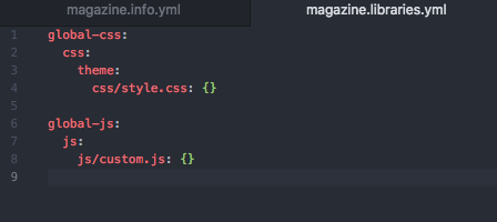 info.yml file with global-css, css, theme, css/style.css, global-js, js,js/custom.js