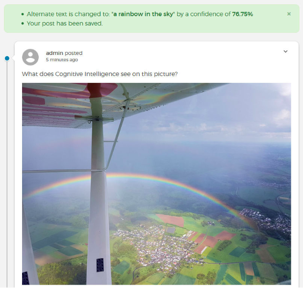 an example of a rainbow in the sky with the Automatic Alternative Text mentioning the alt text and score in a tab above