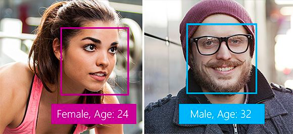 image of a recognition of a woman and man with a box on their face mentioning their age and sex