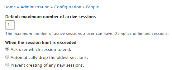 Setting the default active session and the action when limit is exceeds.
