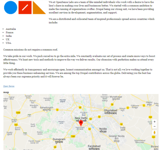 opensense labs logo on top right wth content and google map at bottom 