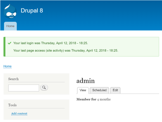 A Drupal message shows the last access and login timestamp to users after successful Login