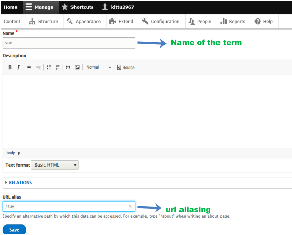 admin interface with adding terms and name of term and url aliasing highlighted