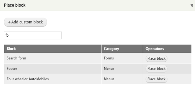 admin interface to place block with a table of three rows and three columns below it