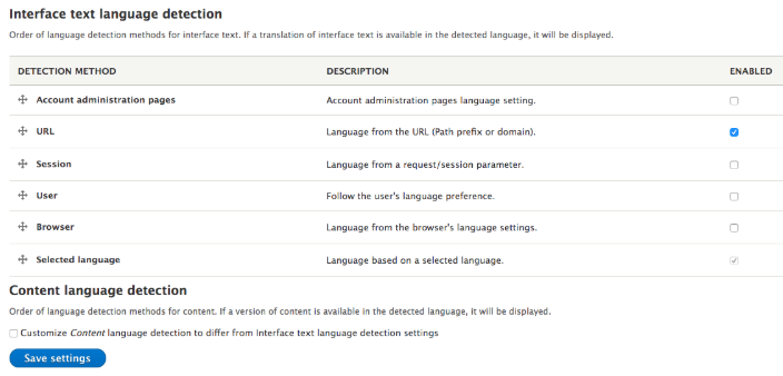 admin interface with interface text language detection method selected as URL