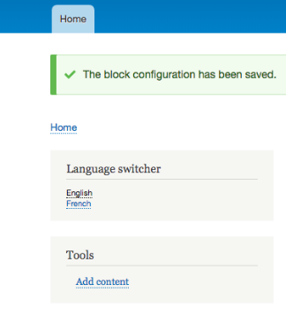 admin interface with message of block configuration has been saved and two blocks below it