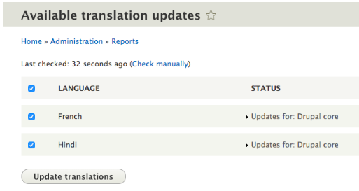 admin interface on available translation updates with languages selected as french and hindi