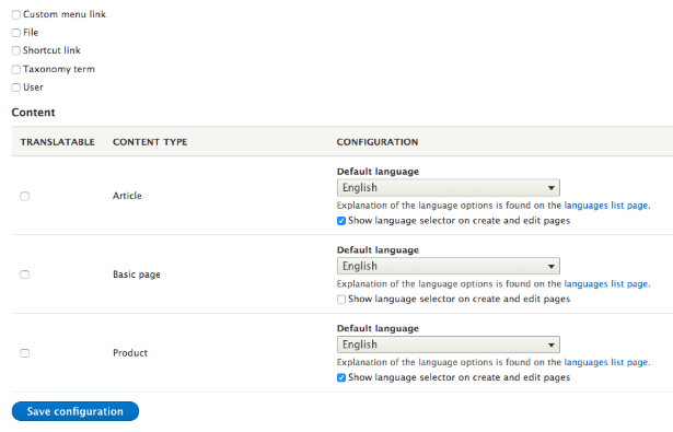 admin interface with five options and three columns to save configurations