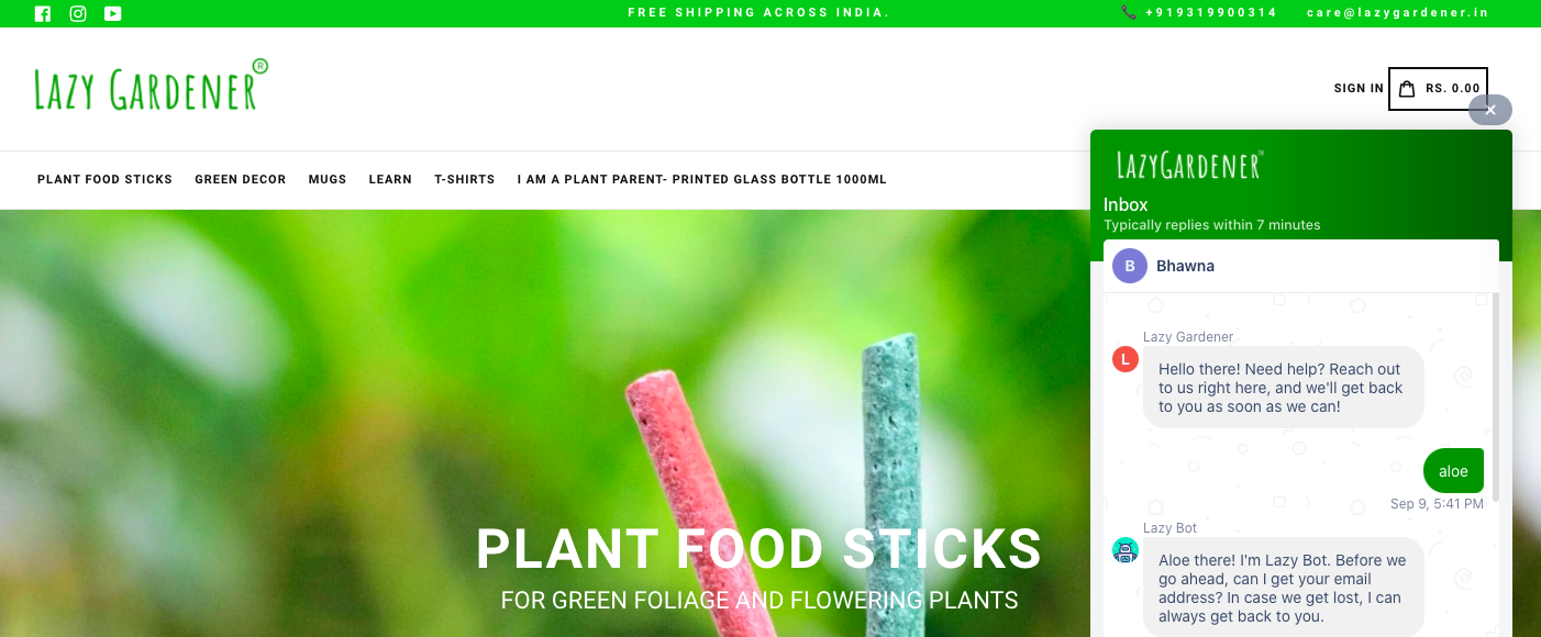 A web design with a green backdrop is shown with an ongoing chat on the side.