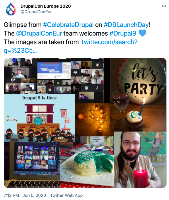 Snapshot of a tweet with a collage consisting of images of people and food items to show Drupal 9 celebration