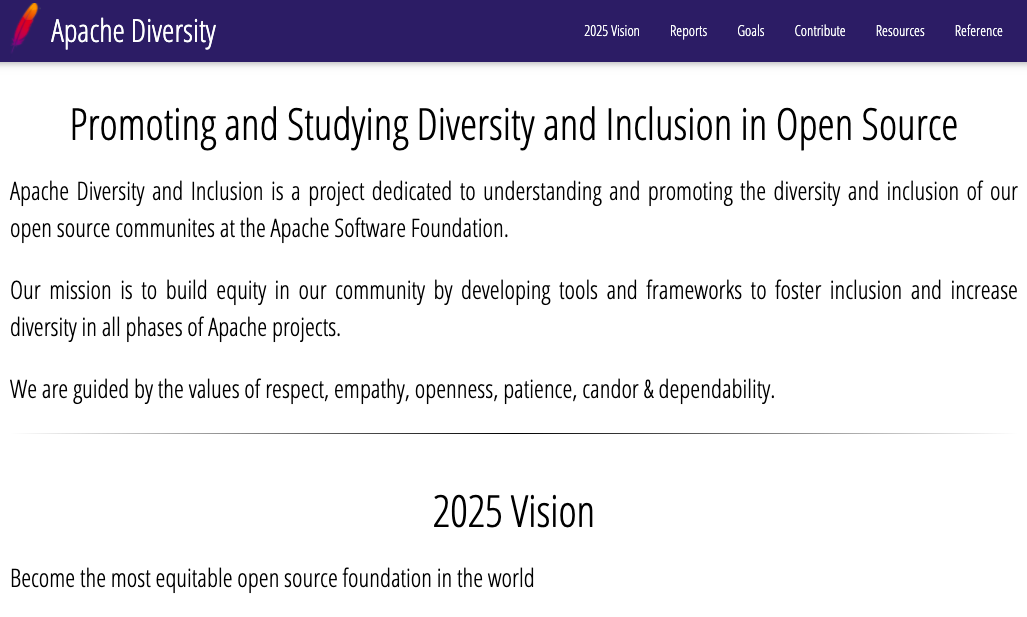 homepage of Apache diversity showing textual information on their mission and vision for encouraging diversity and inclusion in their project development works