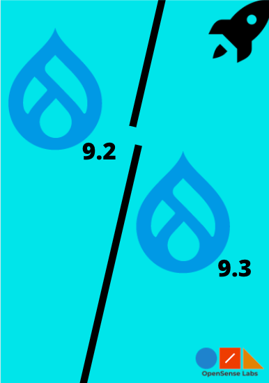 infographic showing drop icons on left and right with drupal 9.2 and 9.3 written on either side