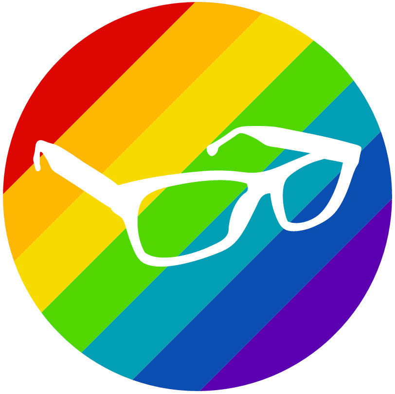 Image of reading glasses placed on a rainbow background