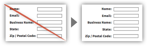 Form labels left-aligned to the input field on left striked red & right-aligned with the input field on right. 