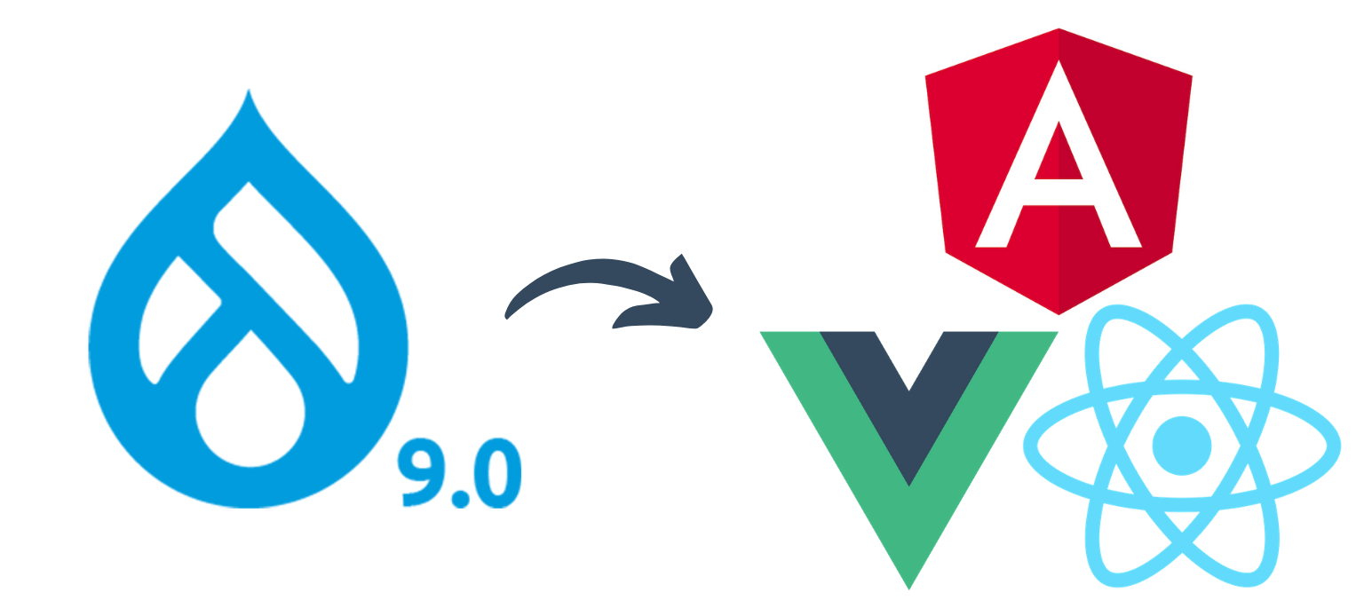 The Drupal 9 logo can be seen on the left, while on the right, there are three logos of React, Vue and Angular.