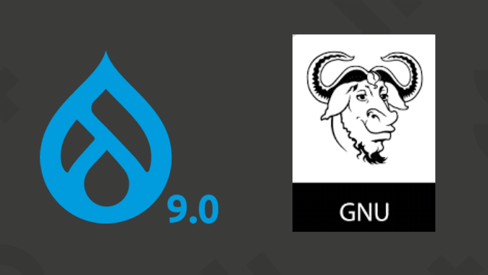 The logo of Drupal 9 and GNU GPL can be seen on a dark background.