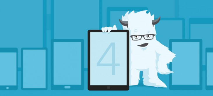 Image of a white yeti with specks holding a mobile phone that is of the same height with blue background