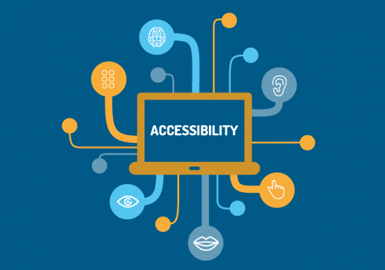 Image of a laptop whose screen says accessibility and many accessibility images are connected to the screen