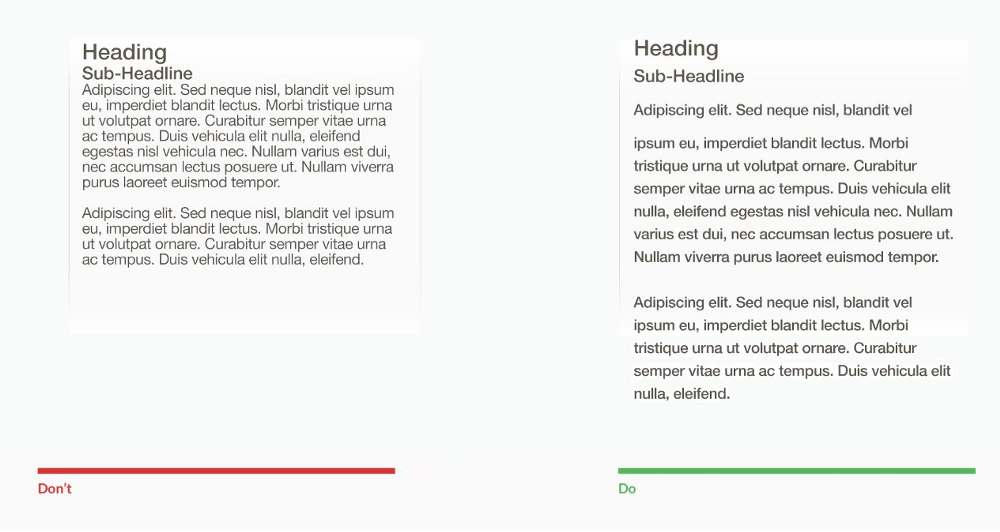 An example of content structure with poor space on the left and another example with proper spacing on the right.