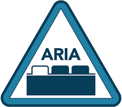 a triangle with blue border and ARIA written with a desk with three seats inside it