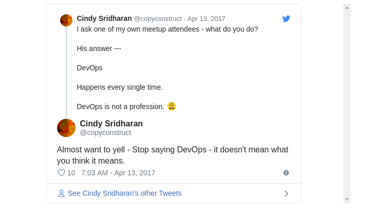 Image showing Cindy Sridharan’s Tweet referencing conversations on one of her meetups on DevOps