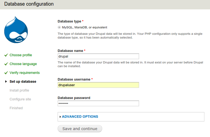 Drupal database configuration; selecting the database username and entering password