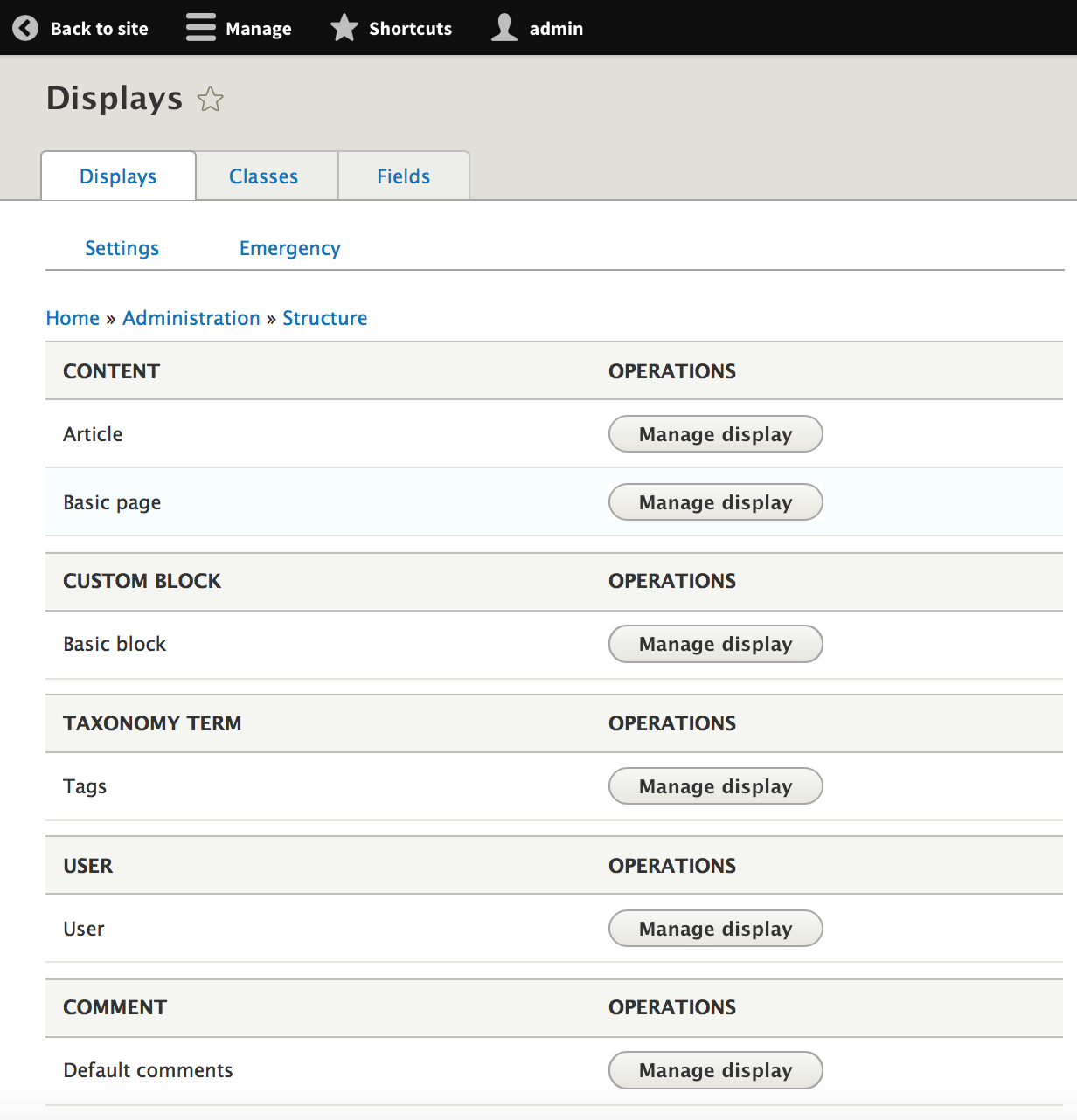 Display suite drupal module interface with different options