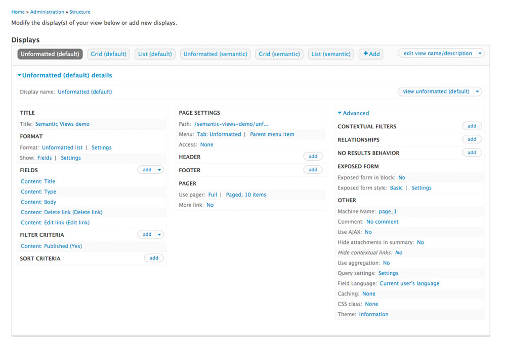 Drupal’s Views module in action with options for grouping of content