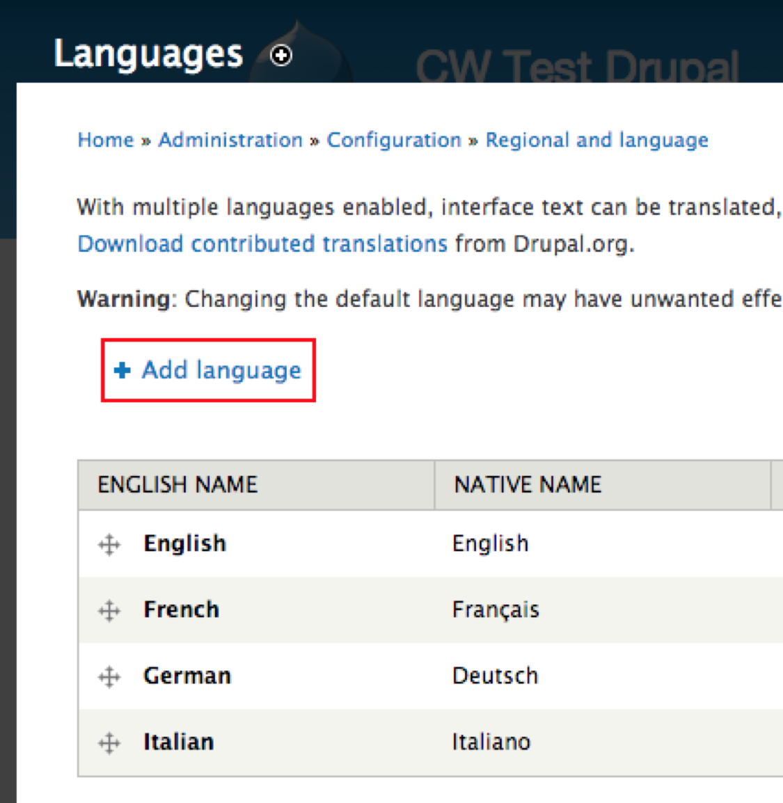 admin interface with the option to add language in red box, and four languages listed below