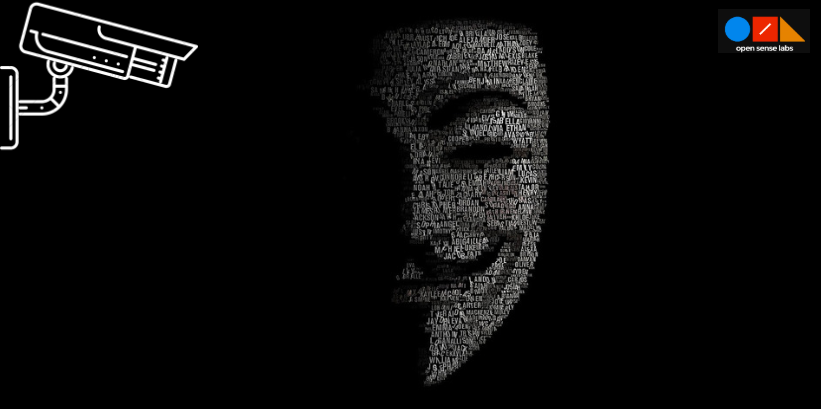 anonymous mask on a black background with a cctv on top left corner