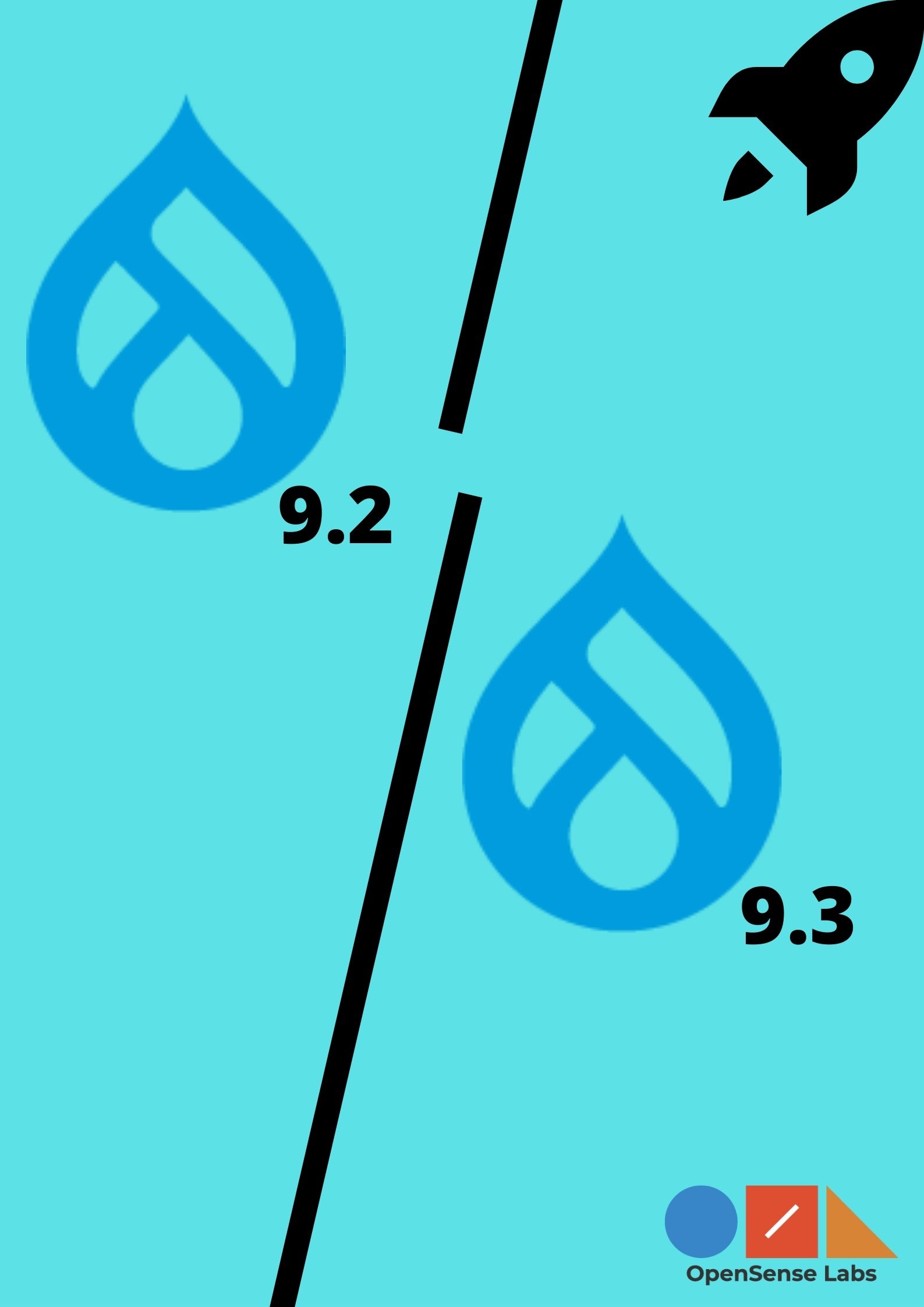 Drupal 9 logo with blue droplet and Drupal 9.2 and Drupal 9.3 written on left and right