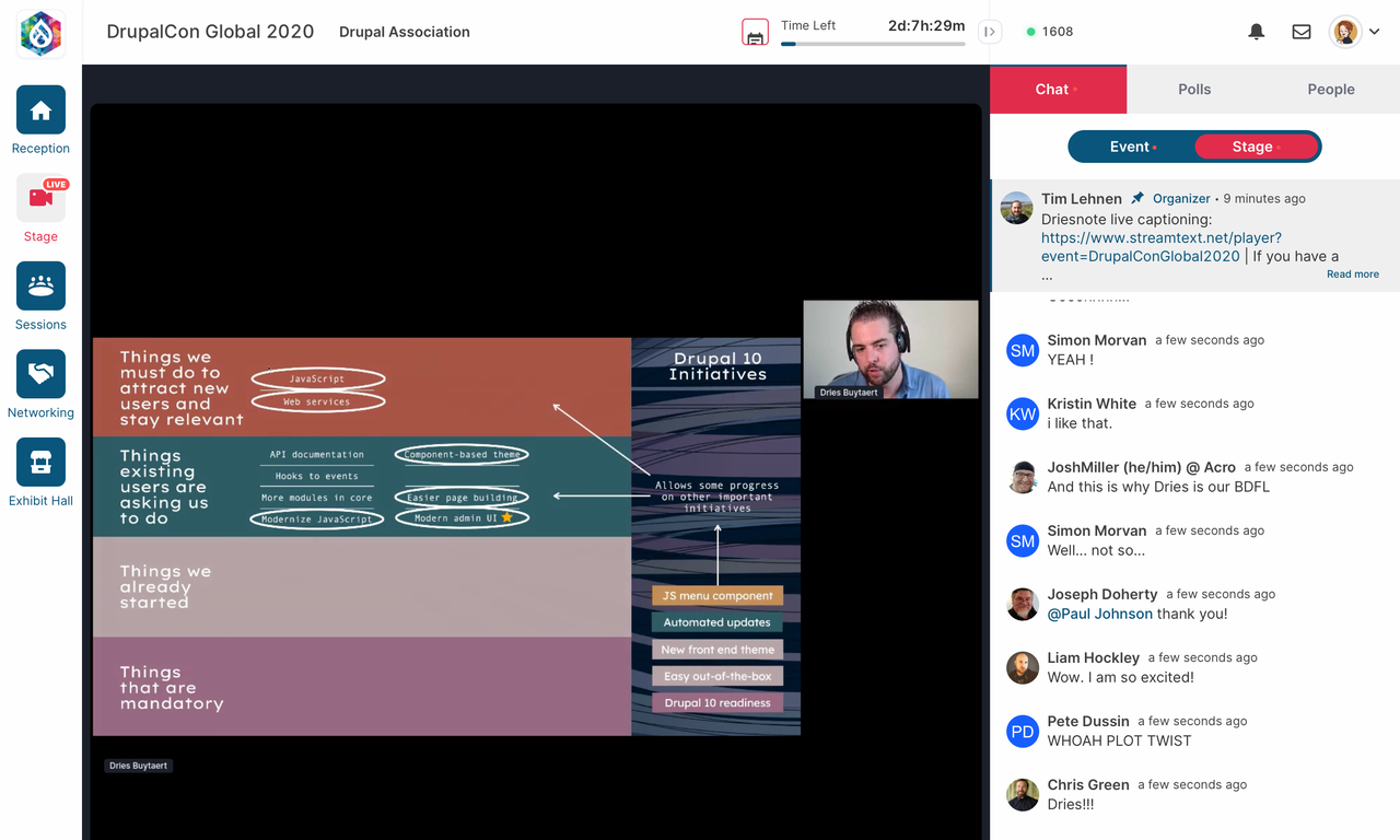 Screenshot of a video meeting with a person's image on top right explaining Drupal 9's and Drupal 10's vision in DrupalCon Global 2020 