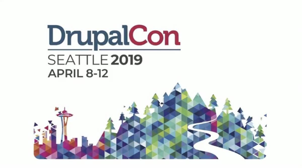 Drupalcon Seattle 2019 logo with a guitar and text on it