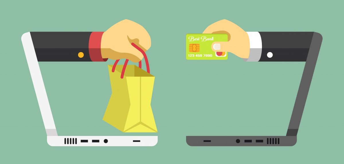 illustration image showing hands coming out from a laptop screen having a shopping bag and debit card in hand
