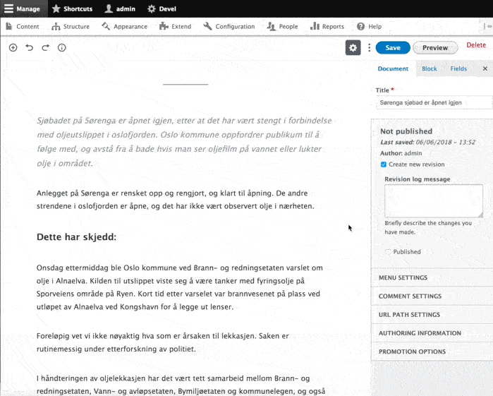 Gif showing the demo of Drupal Gutenberg with text on left-hand side and the settings on the right-hand side