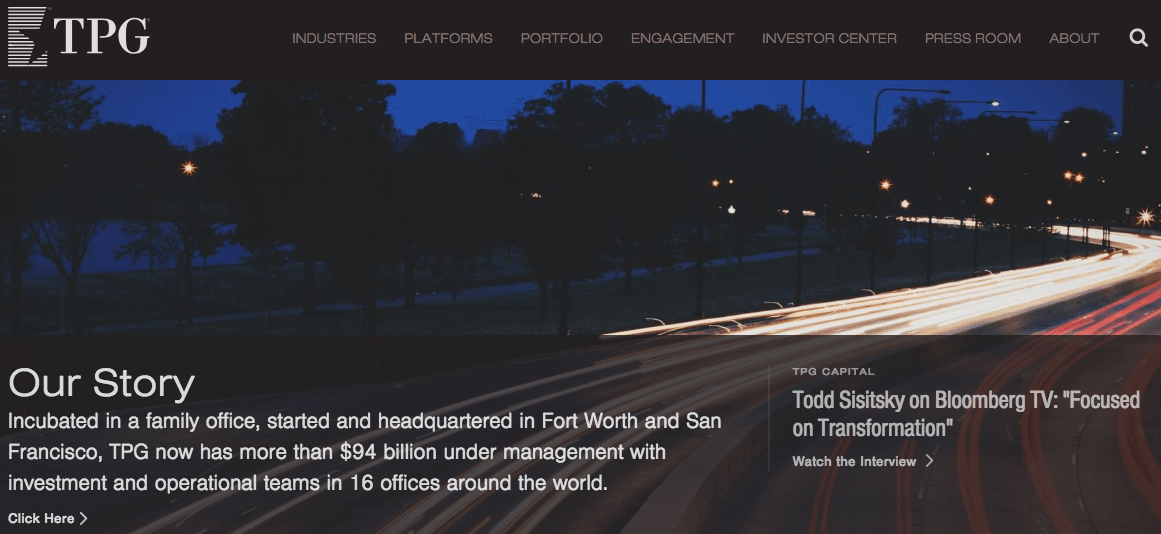 Homepage of TPG Capital with a timelapse image of running cars on the road and trees in the background
