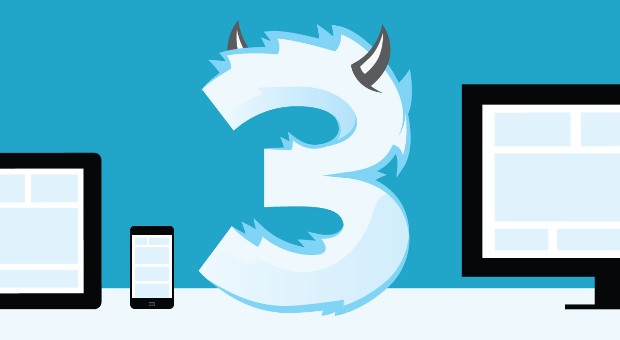 Image of number 3 which is drawn in ice shape with horns. Around the digit is image of a phone and an Ipad on left and PC on right.