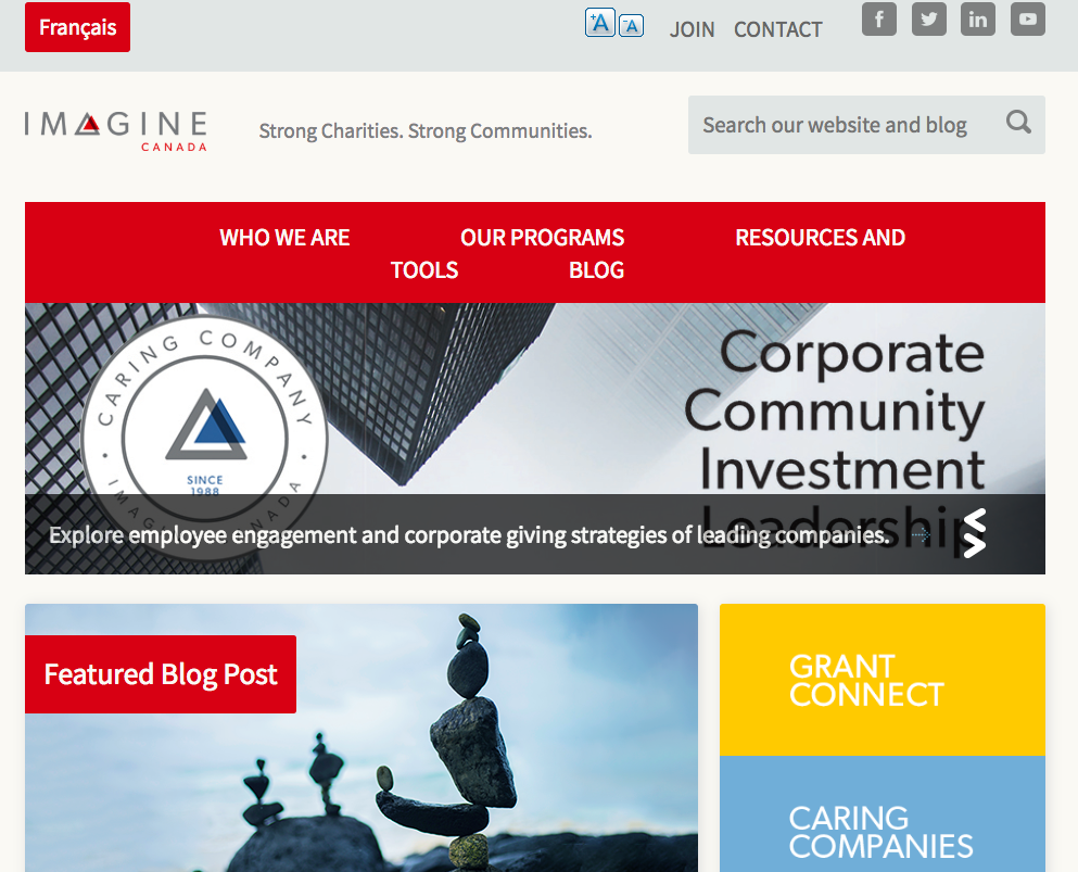 imagine canada grant connect homepage with red and white background