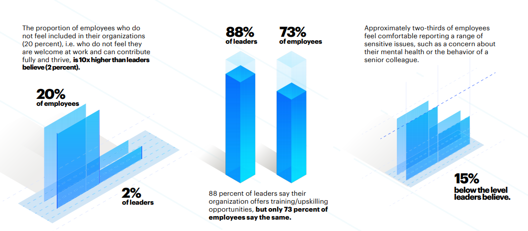 blue bar graphs reading various statistics on diversity in the workplace