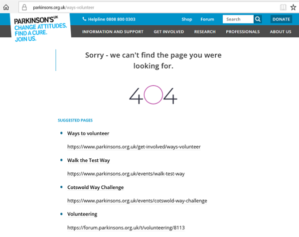 A 404 error in Parkinson’s UK website. 404 written and 4 suggested pages below that