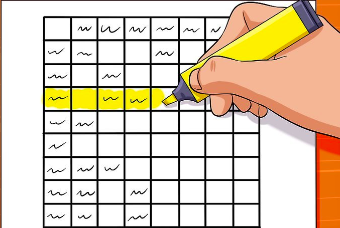 a white time table with fourth column colored yellow. A hand on the right with a marker  